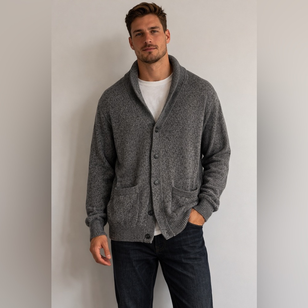 Chaps Men's Sz‎ L Gray Cowl Neck Button up 100% Cotton Pockets Cardigan Sweater